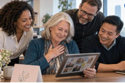 Retirees looking a retirement wishes on a tablet