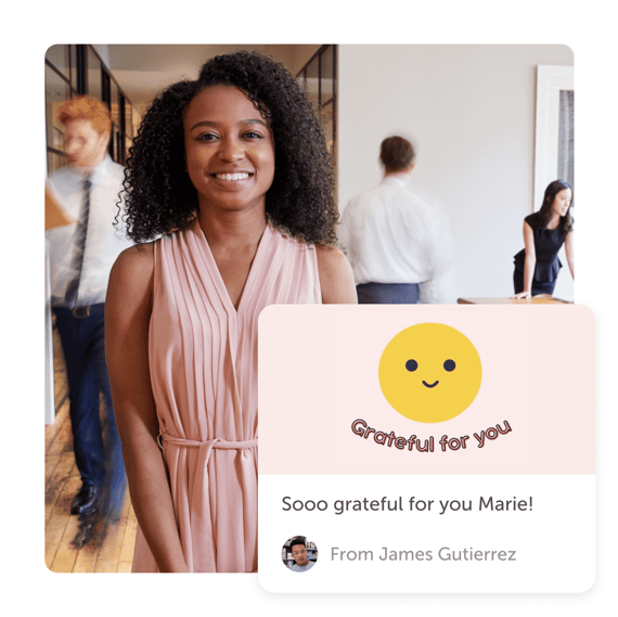 Person smiling and a "grateful for you" appreciation post
