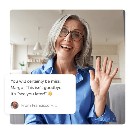 Woman smiling and waving and a "we'll miss you" farewell post