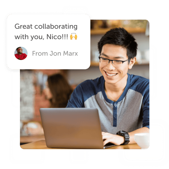 Person smiling and working on laptop with "great collaborating with you" post