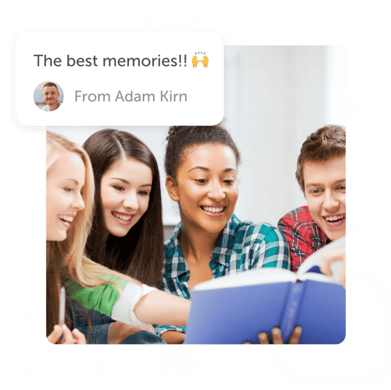 Smiling people looking at book with a "best memories" post