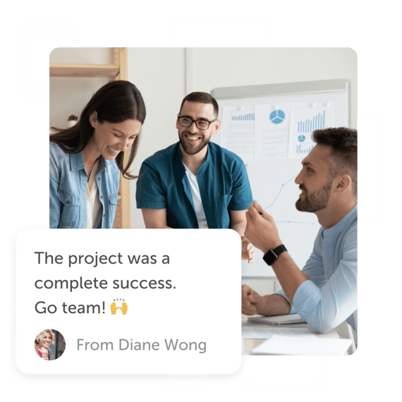Smiling people working with charts and a "project successful" recognition post