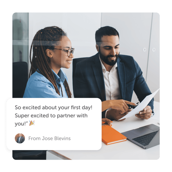Employees reviewing document and an "excited to partner with you" first day post