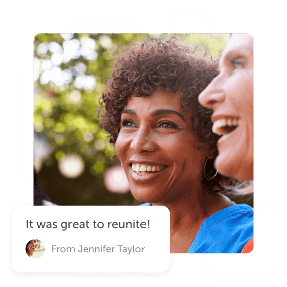 People smiling with "great to reunite" post