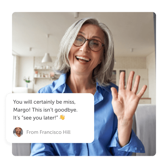 Woman smiling with Kudoboard farewell post