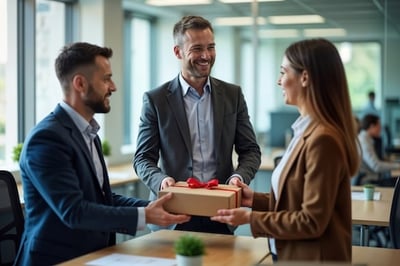 Two coworkers in a business setting giving a group gift to a third coworker