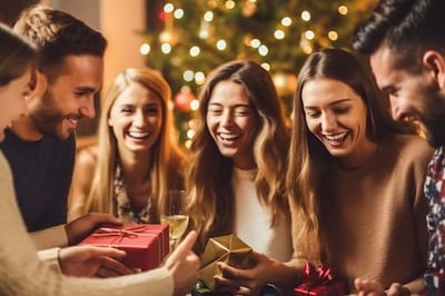 Happy smiling people gathered around a red group gift in a decoated living room