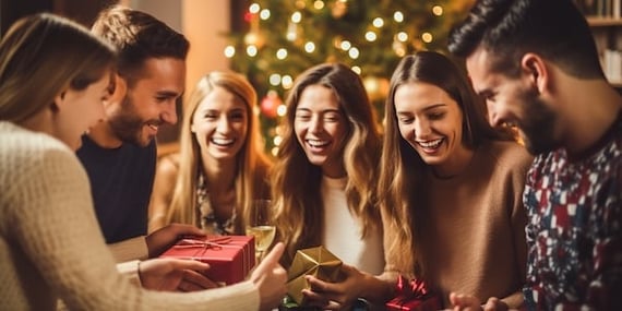 Happy smiling people gathered around a red group gift in a decoated living room