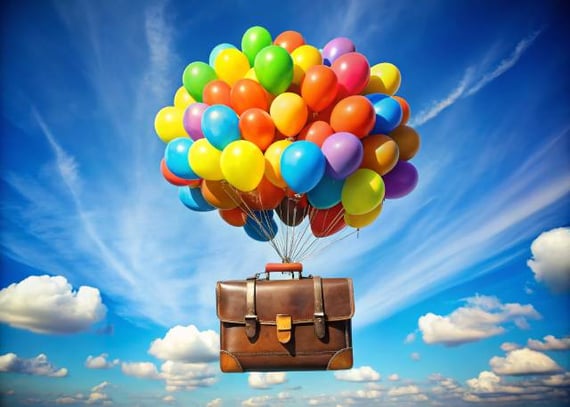 Colorful balloons against a bright, lightly-clouded sky, lifting a leather briefcase