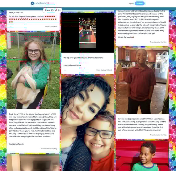 Teacher appreciation Kudoboard with photos and messages