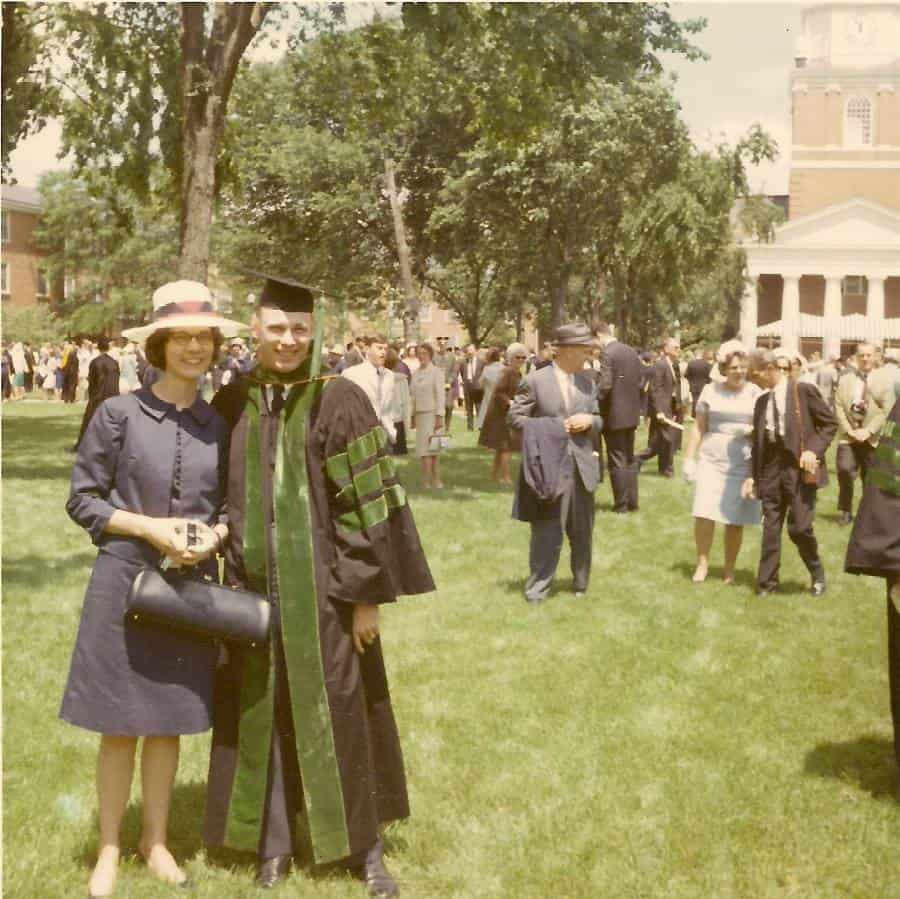 Vintage photo of two people at a graduation