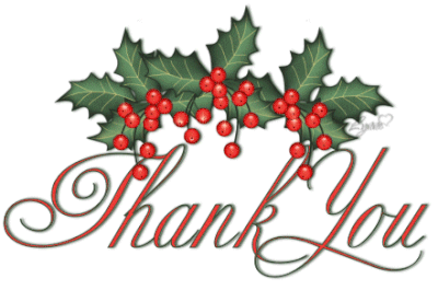 Thank you in glittery letters with holiday leaves