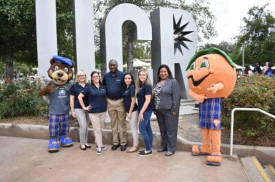 People posing with mascots in front of large UCR sign