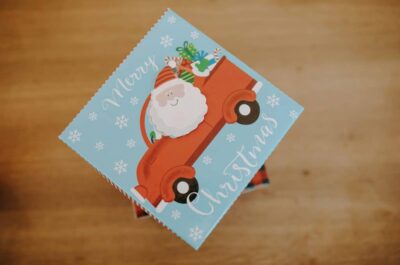 Christmas card on wood counter top