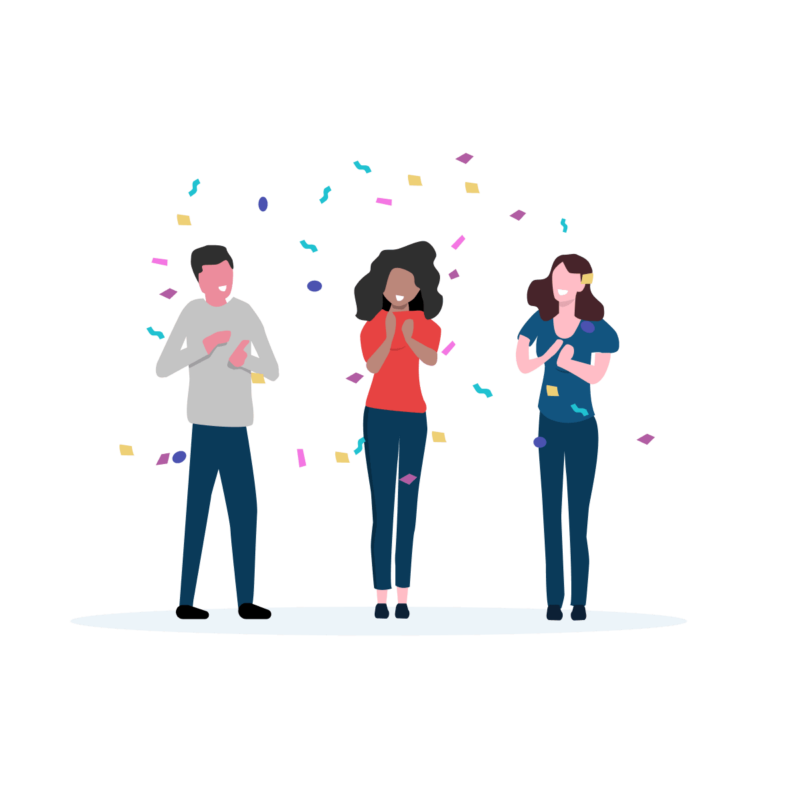 Illustrations of employees clapping with confetti