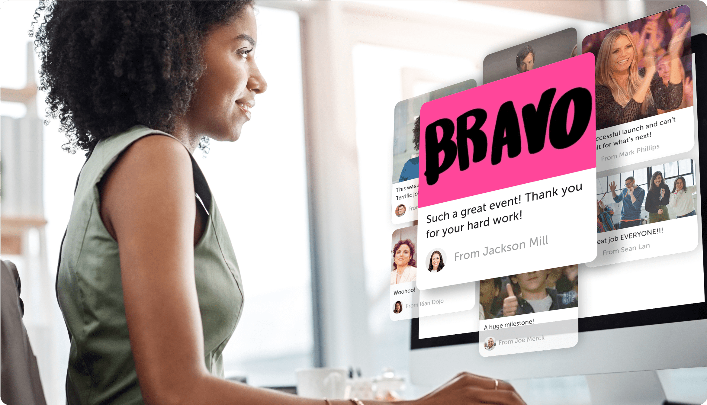 Woman reading Kudoboard posts on desktop computer