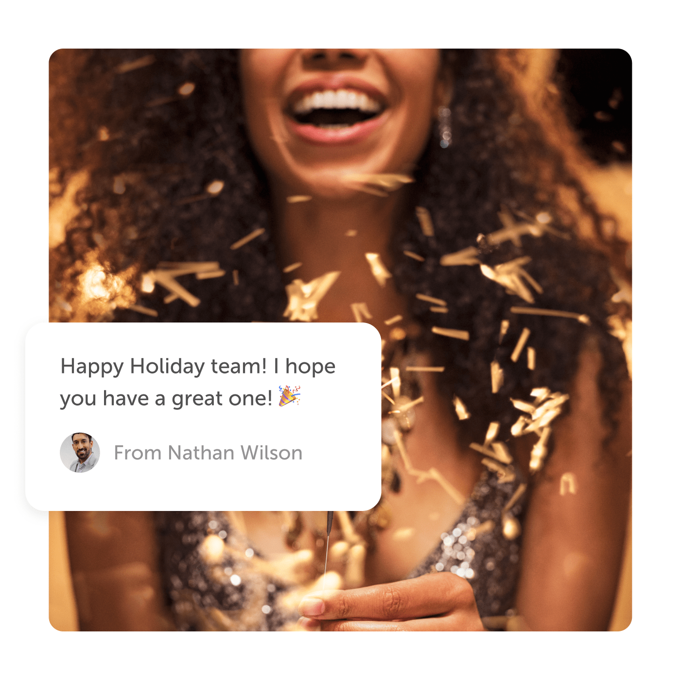 Woman smiling with golden confetti and a