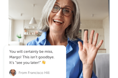 Woman smiling and waving and a "we'll miss you" farewell post