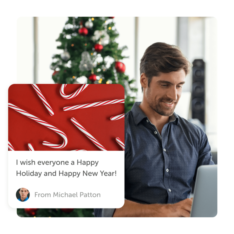 Man smiling with Christmas tree in background and a 