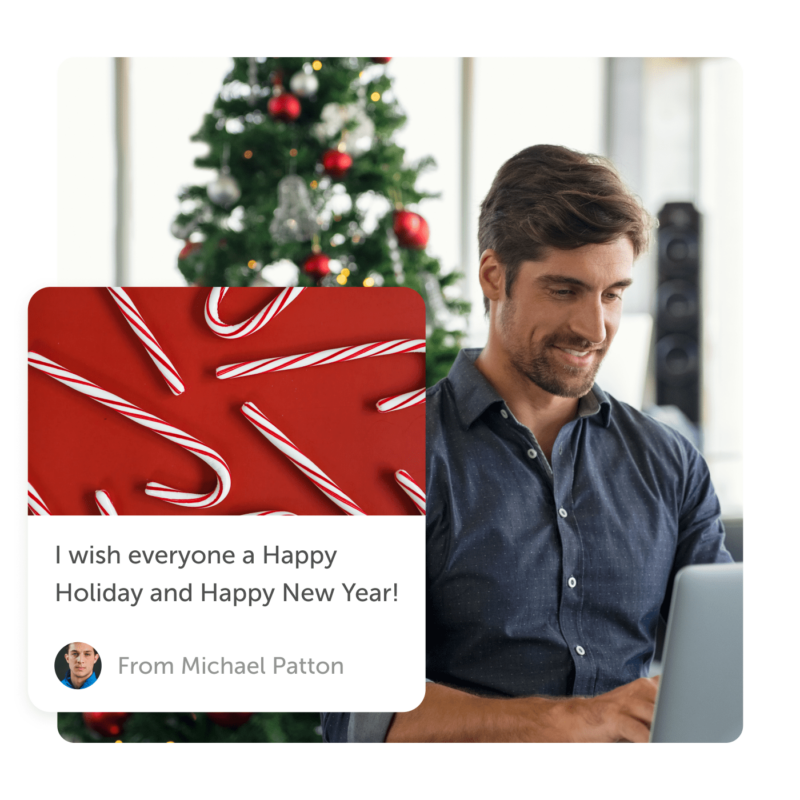 Man smiling with Christmas tree in background and a