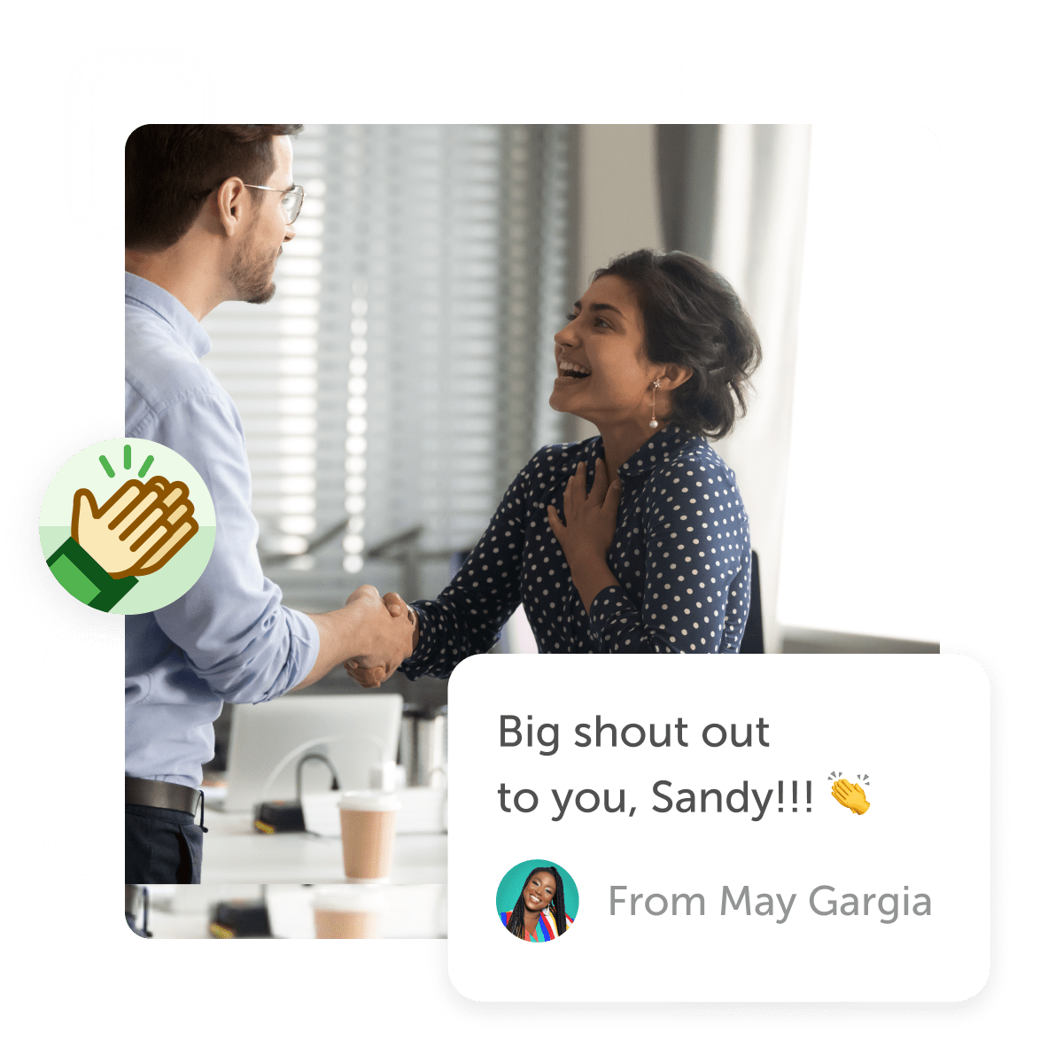 Office workers shaking hands and a
