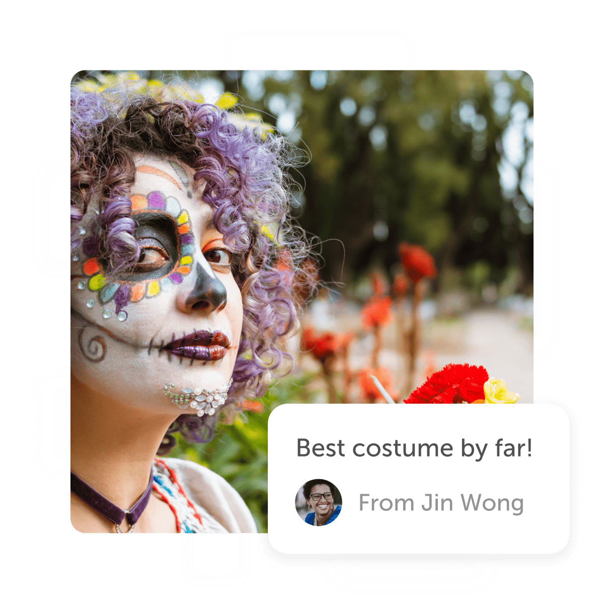 Woman in Halloween face paint and 
