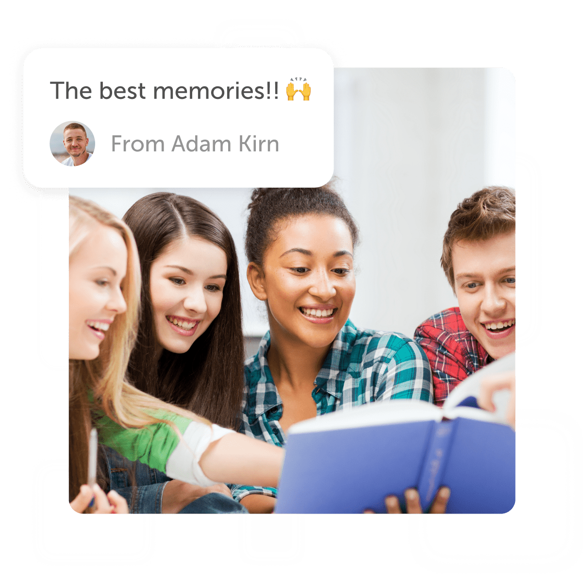 Smiling people looking at book with a