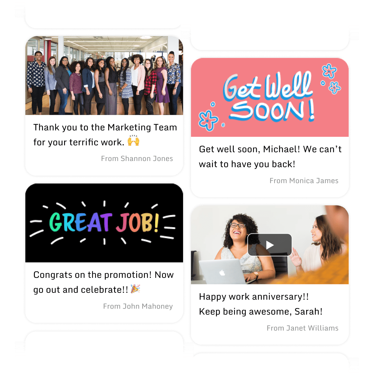 Collage of various types of Kudoboard posts