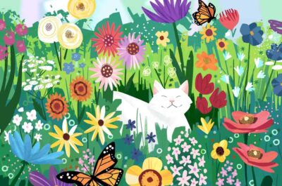 Illustrated flowers, butterfly, and cat Kudoboard background