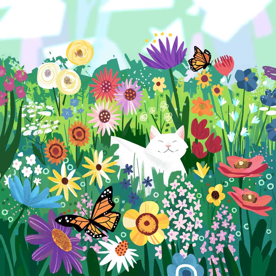 Illustrated flowers, butterfly, and cat Kudoboard background