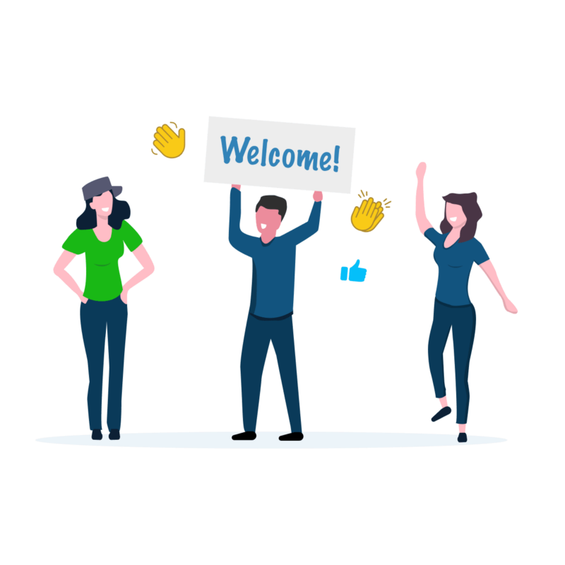 Illustrations of people waving and holding a welcome sign