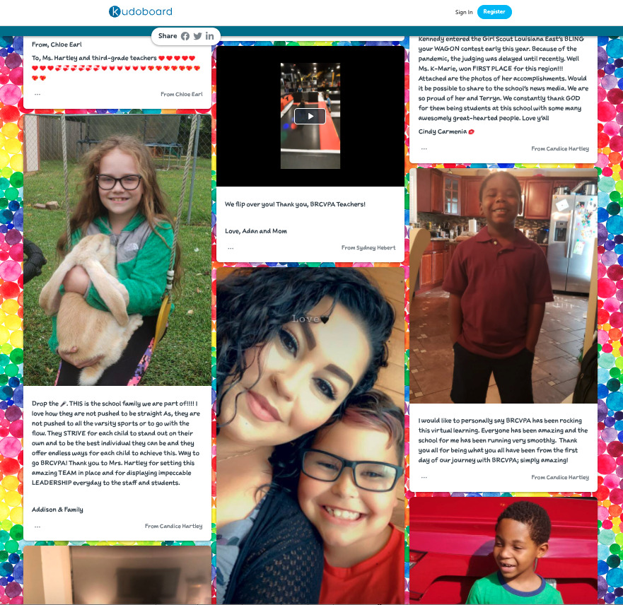 Teacher appreciation Kudoboard with photos and messages