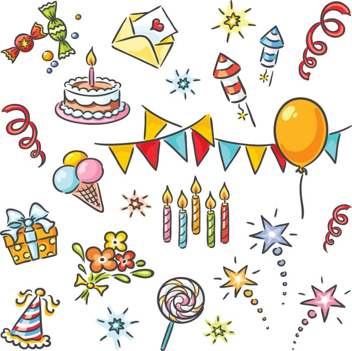 Illustrations of celebration items like cakes, balloons, streamers, and fireworks