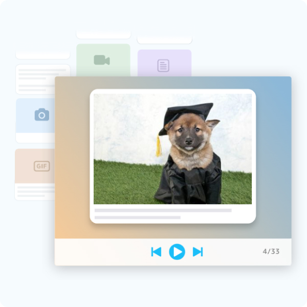 Dog in graduation cap Kudoboard post in slideshow with play button options