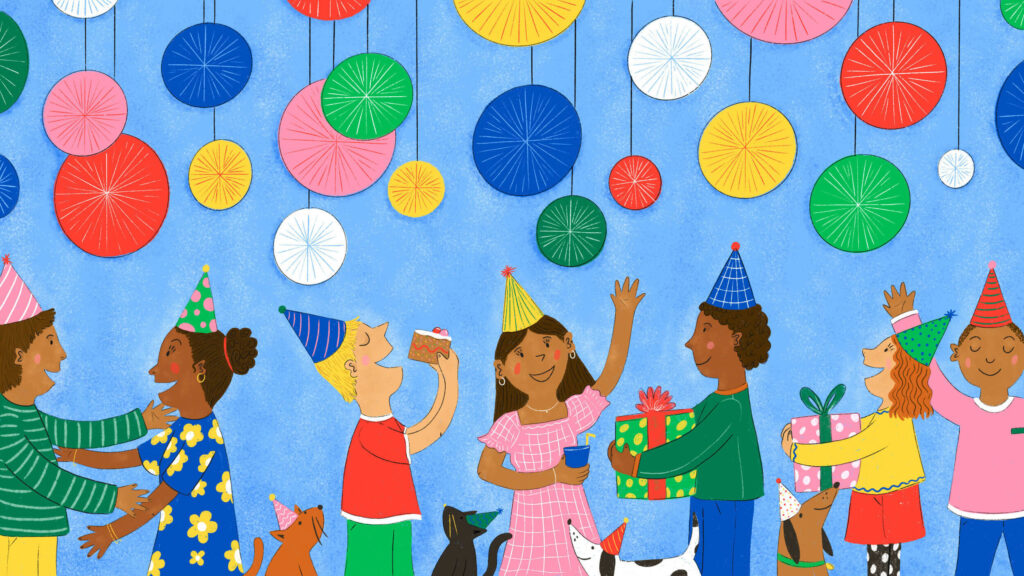 Illustration of people at birthday party