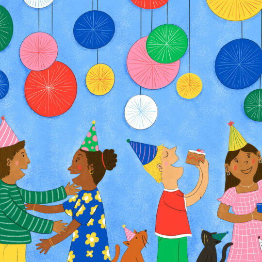 Illustration of people at birthday party