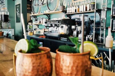 Moscow Mules in copper mugs at cafe
