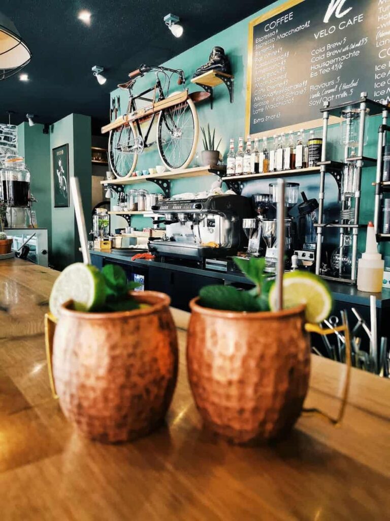 Moscow Mules in copper mugs at cafe