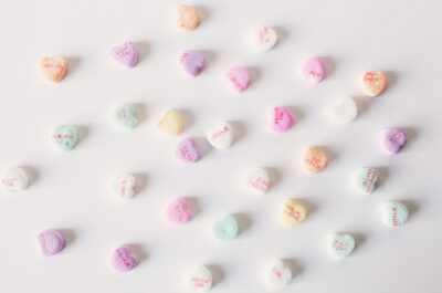 Valentine's heart candies on counter