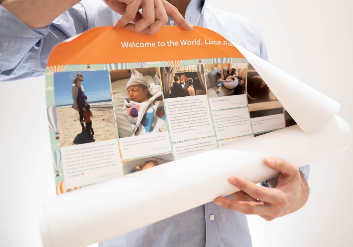 Person unrolling poster of printed Kudoboard