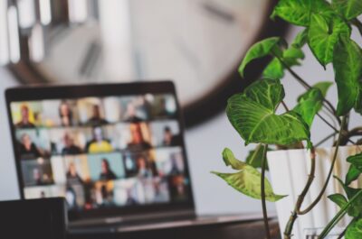 Plant and laptop with Zoom grid of faces