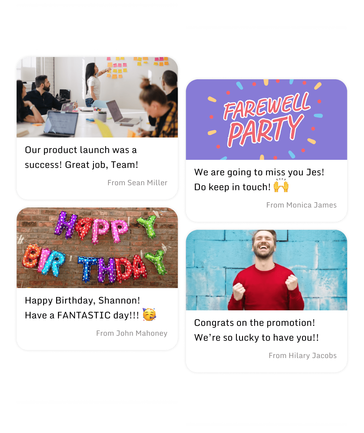 Various recognition and celebration Kudoboard posts