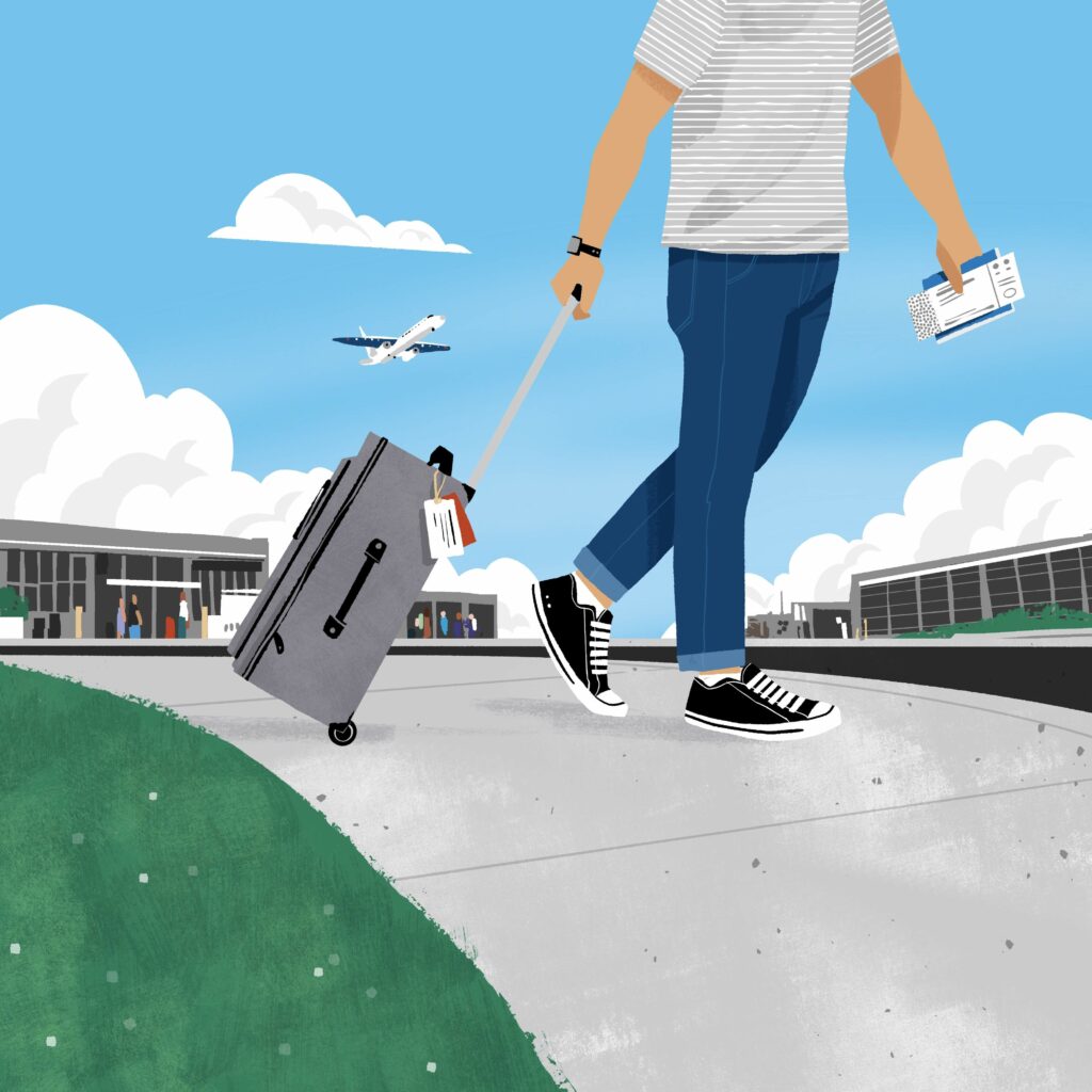 Person walking to airport with luggage illustration