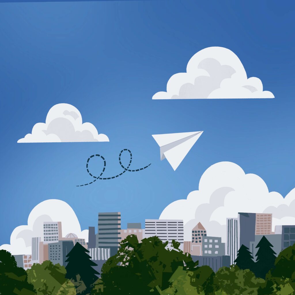 Paper airplane in city sky drawing