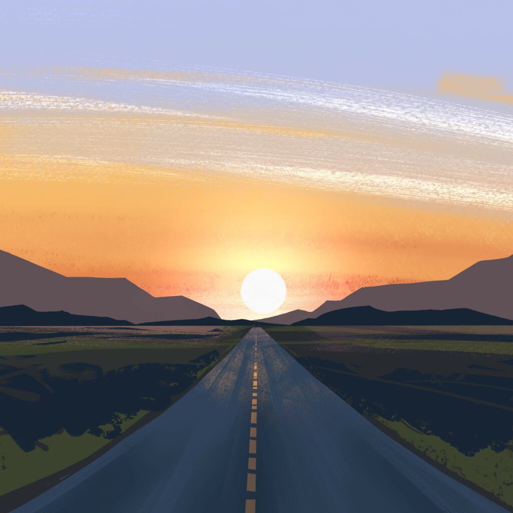 Sun setting on highway road