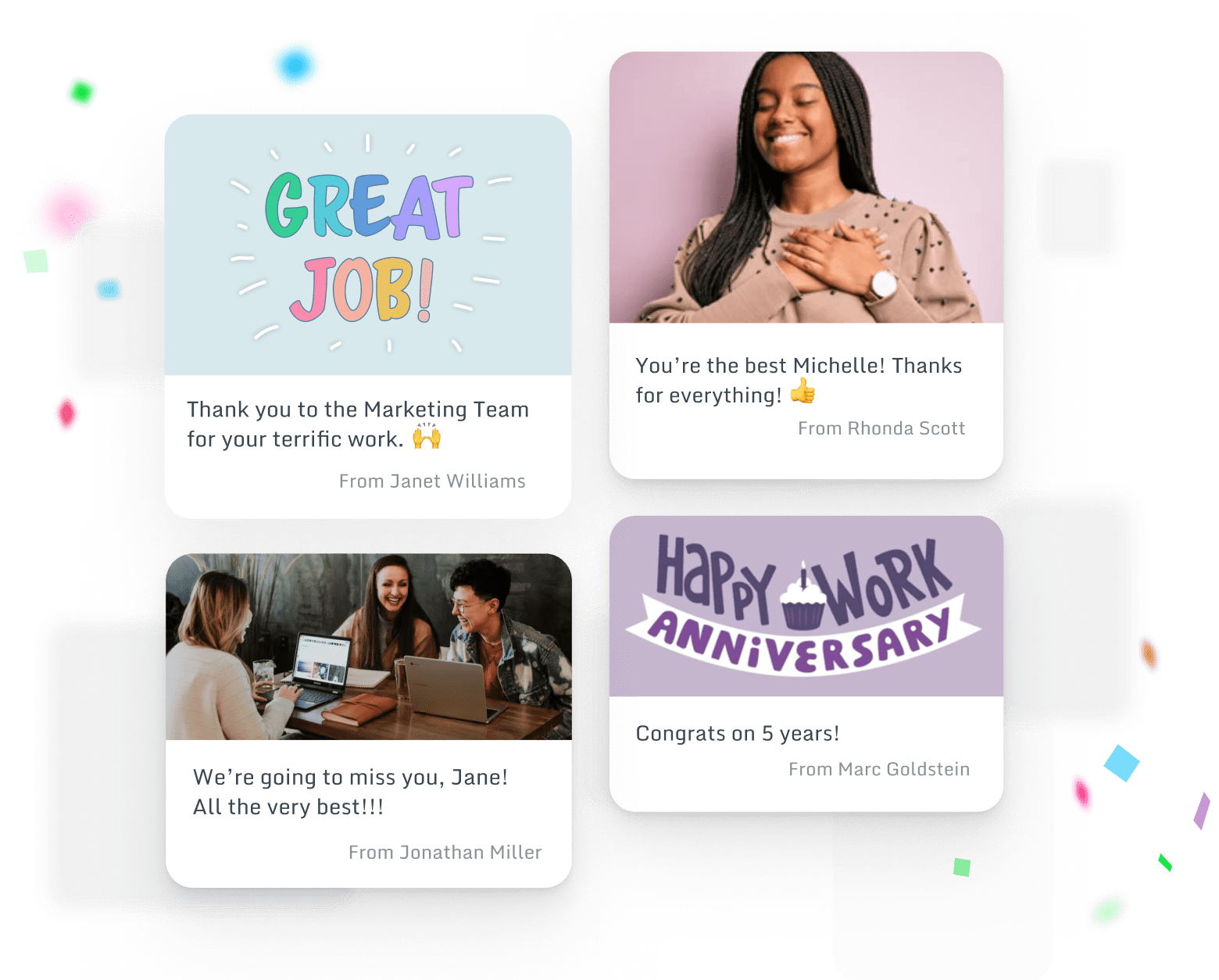 Various appreciation and celebration Kudoboard posts