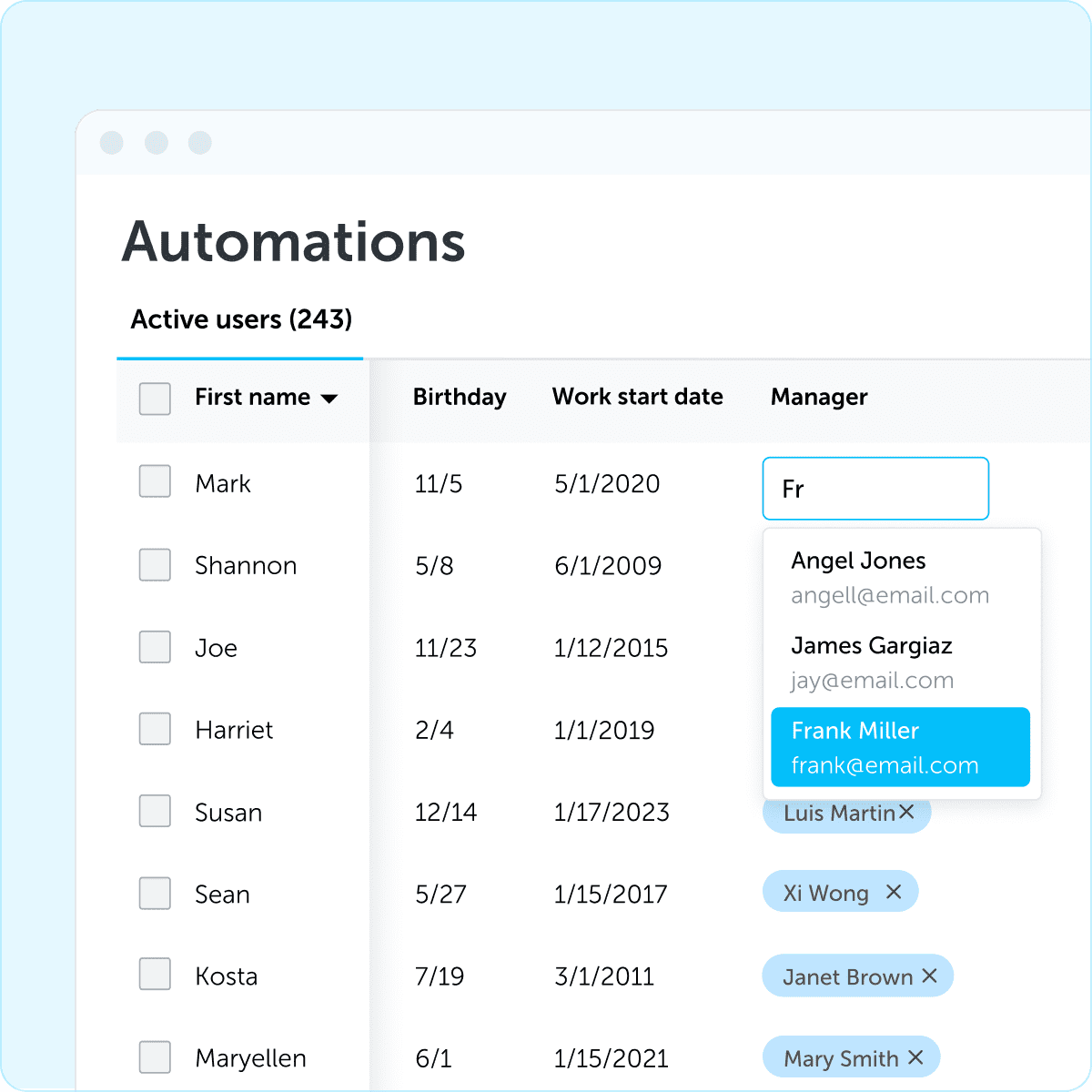 Web browser with active users list and birthdays, start date, and manager from automations screen
