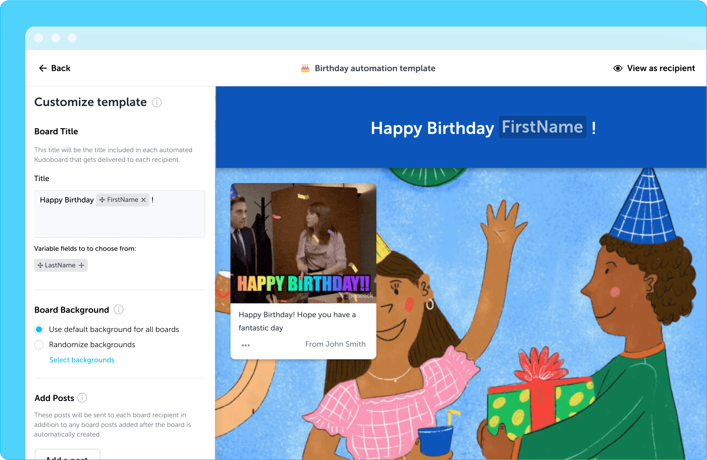 Web browser with birthday automation template and customization options