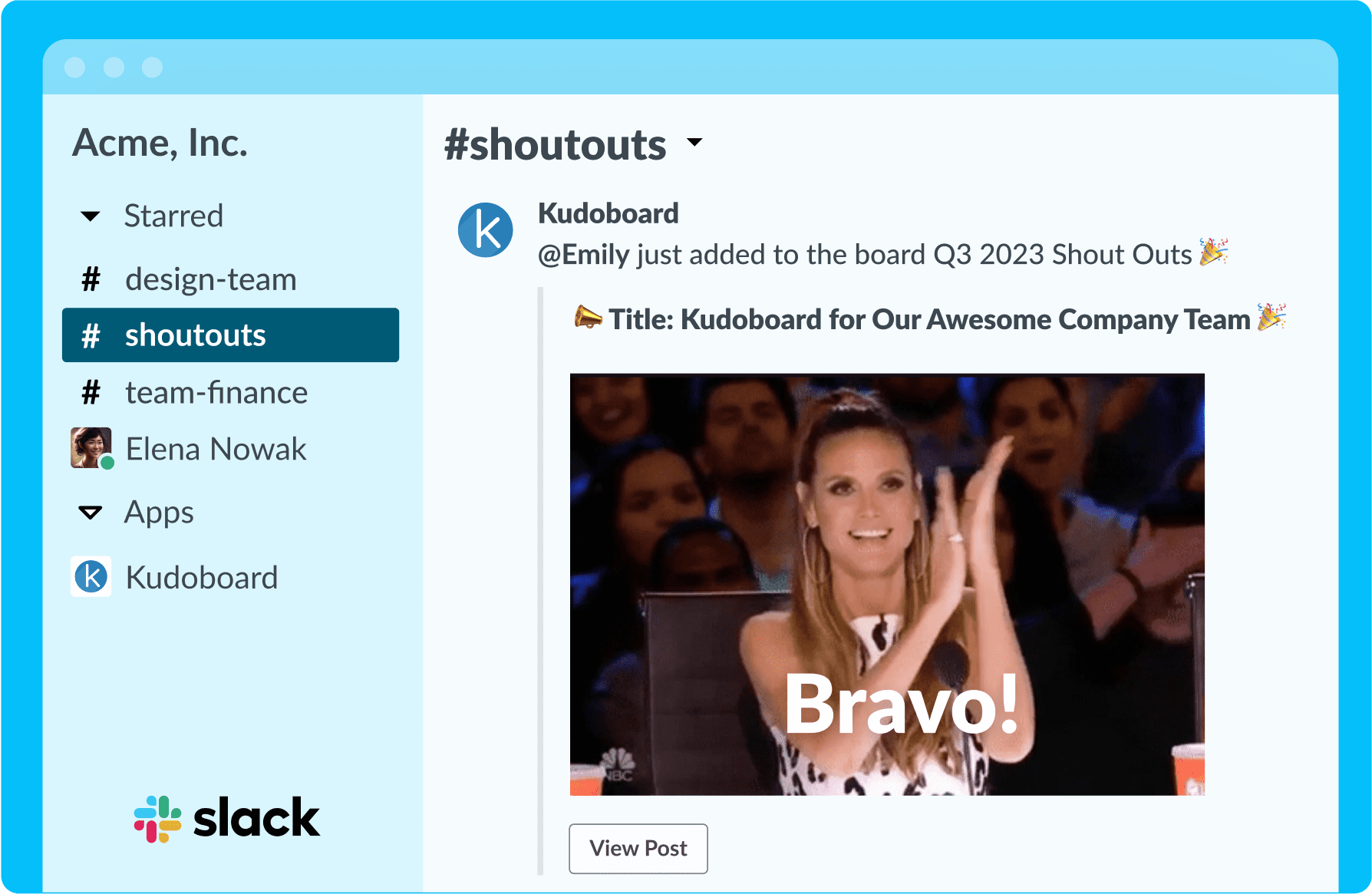 Slack window with Kudoboard #shoutout channel