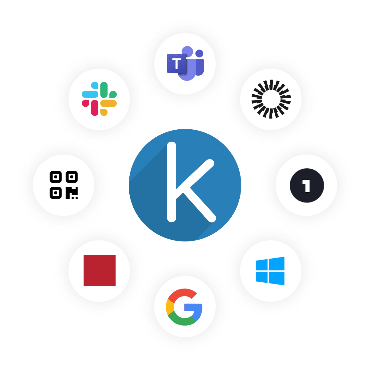 Kudoboard branding with icons of various integration like Slack and Teams